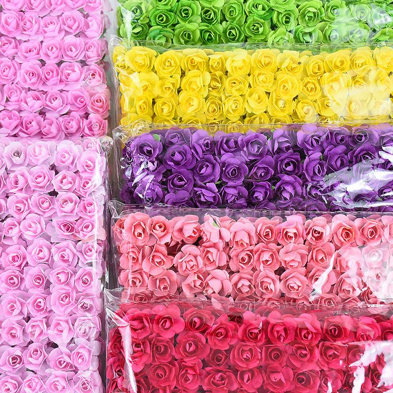 144/288pcs 2cm Mini Paper Rose Artificial Flowers Bouquet For Wedding Home Decoration DIY Scrapbooking Crafts Fake Plants Wreath