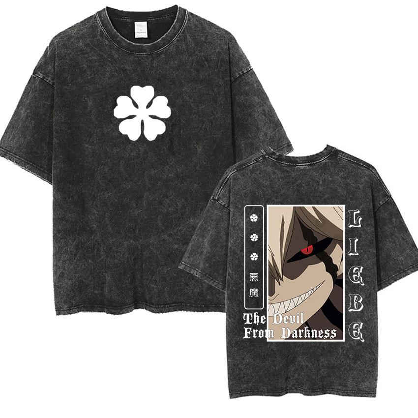 Винтажная футболка оверсайз с аниме «Черный клевер Аста» и эффектом стирки, мужская модная футболка свободного кроя с круглым вырезом, летняя высококачественная хлопковая футболка