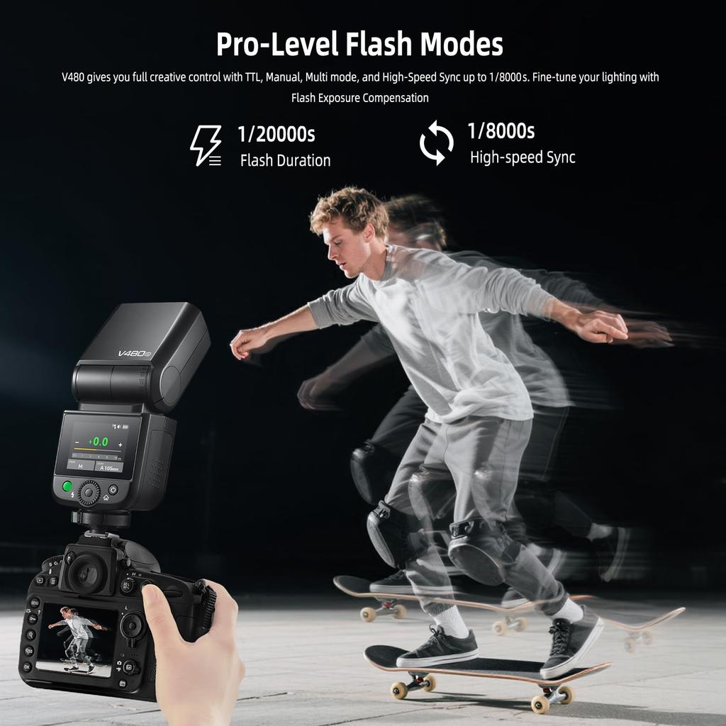 Authorized GODOX V480S TTL Camera Flash Speedlight for V480 S GN50 HSS Touchscreen Flash Recycle 650 2200mAh Battery [GODOX Dealer] Sony, 1/8000s