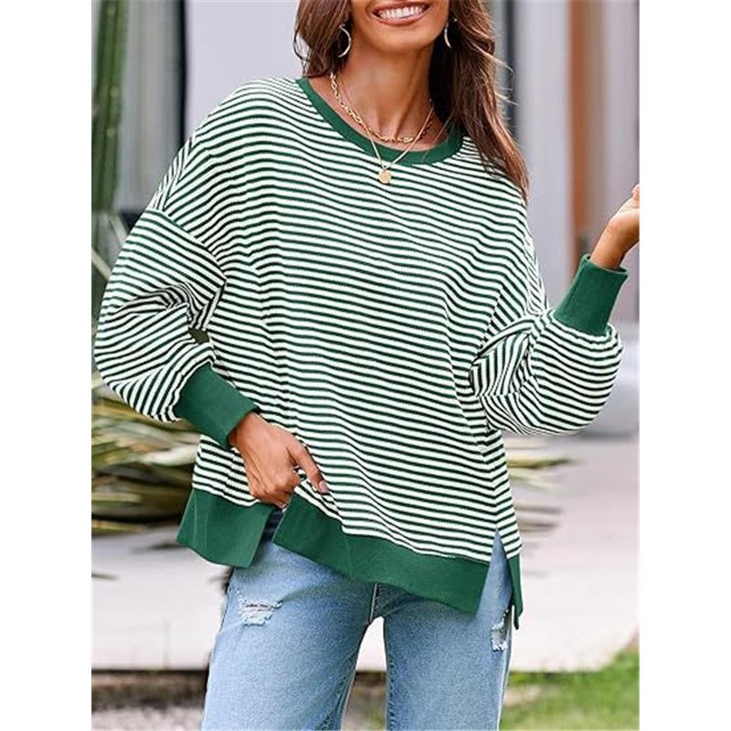 Women Striped Crew Neck Sweatshirt Loose Oversized Long Sleeve Pullover Casual Daily Blouse Top
