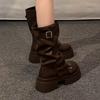 Women's Boots Brown Maillard Retro  New Spring Autumn Height Increasing Comfortable Anti Slip Fashion Belt Buckle Boots