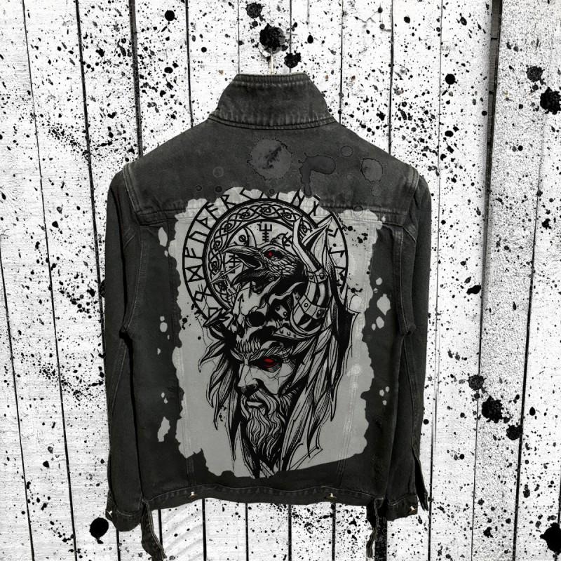 Vintage Viking Print Denim Jacket Men Regular Fit Winter Casual Wear