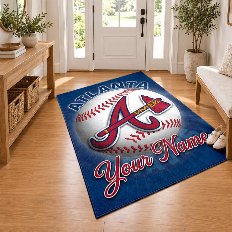 Atlanta Braves Custom Name Personalized Rug Non‑Slip Doormat Floor Carpet Housewarming Birthday Gift for Family Friends