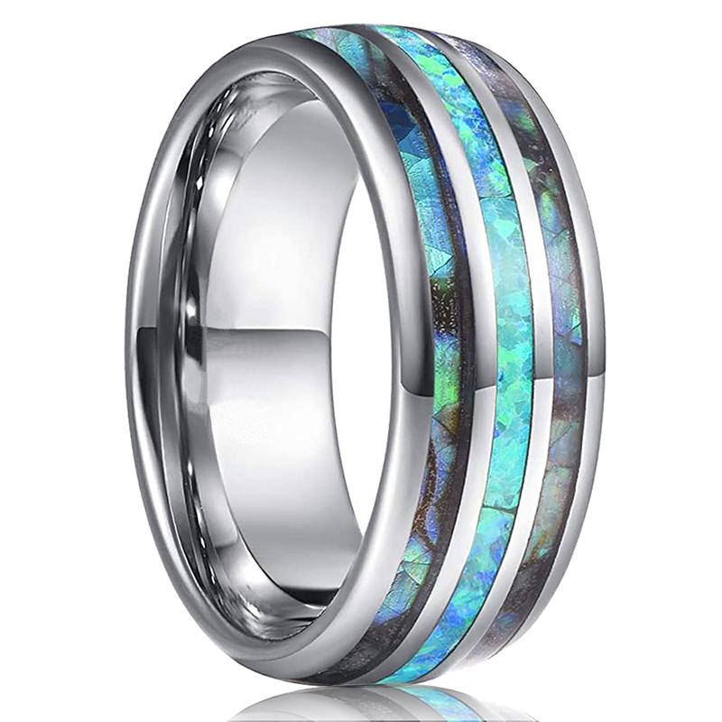 Trendy 8mm Black Tungsten Wedding Stainless Steel Rings For Men Inlay Colorful Abalone Shell Ring Men Wedding Band Jewelry