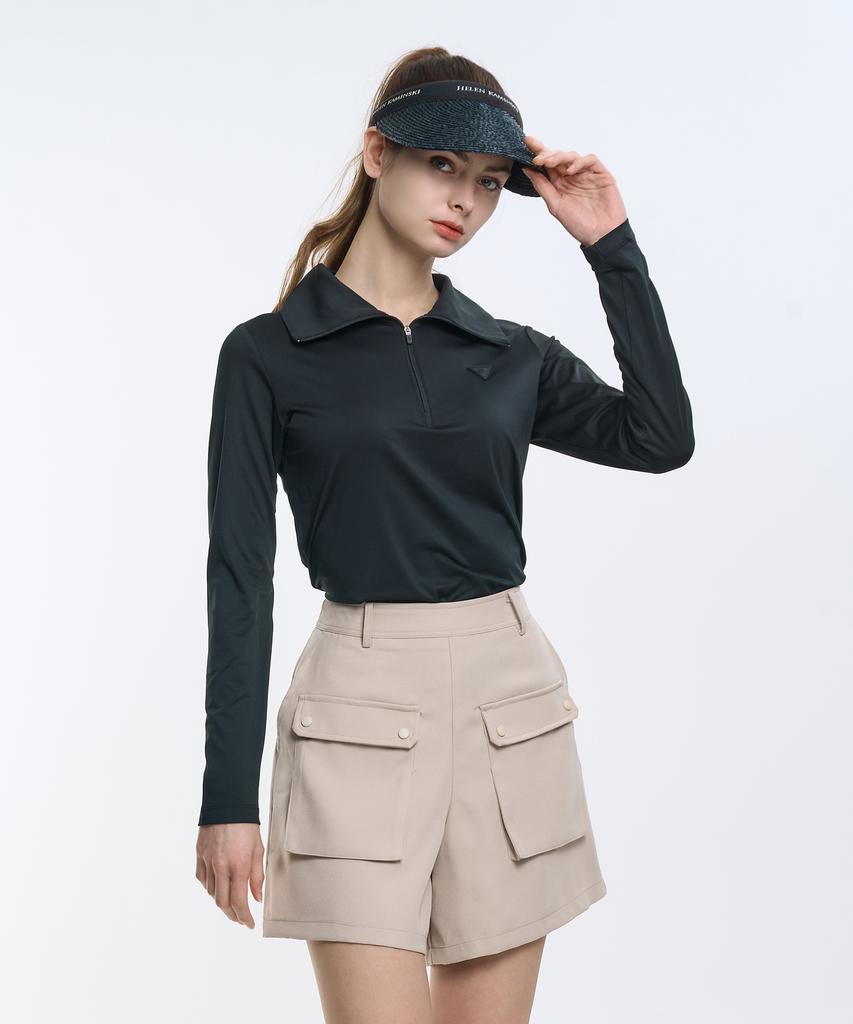 2ELA [2Pack] Ruffle Line Women'S High-Neck Half-Zip Long-Sleeve T-Shirt 4 Colors (Type B)