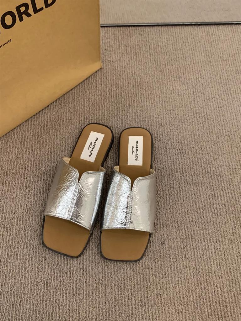 Корейские повседневные тапочки Dongdaemun, женская летняя одежда, новые туфли на плоской подошве с серебристым открытым носком