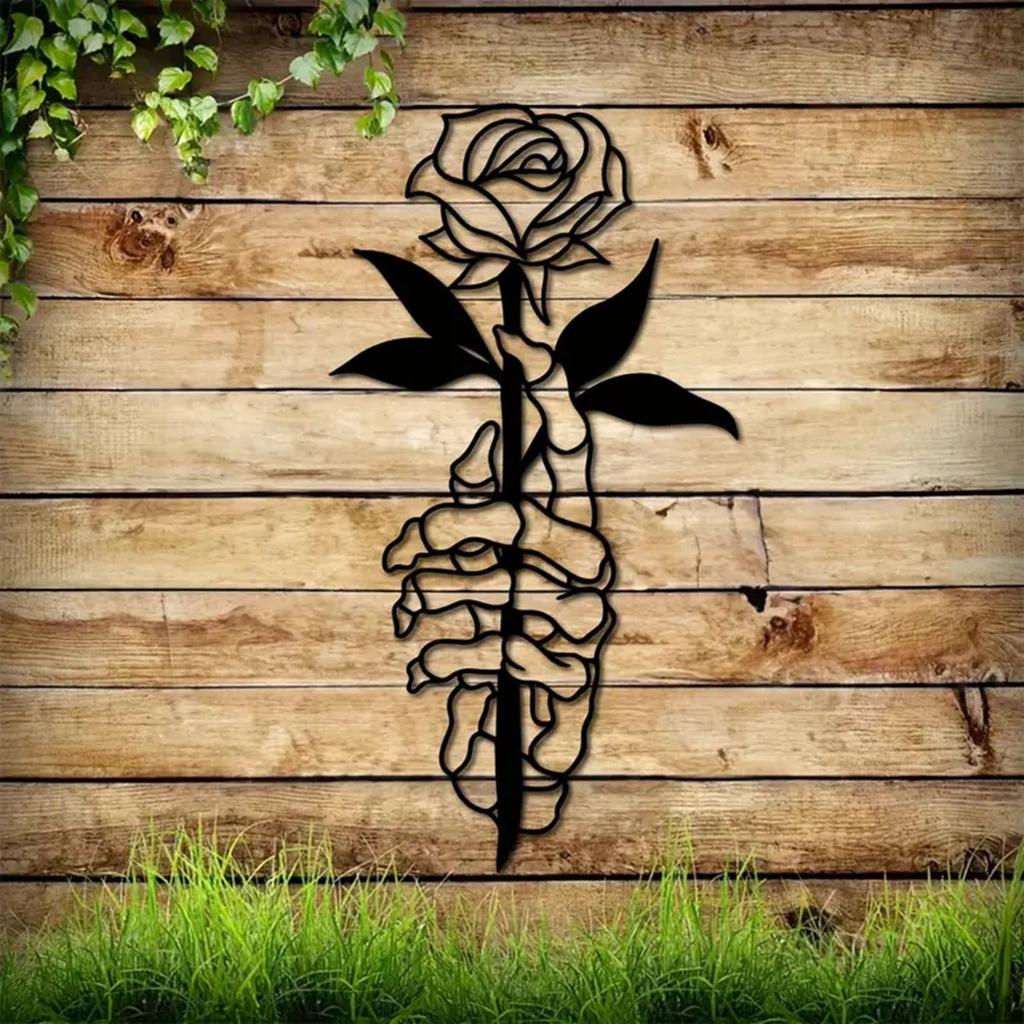 Metal Skeleton Hand Holding Flower Art Wall Decoration Metal Wall Art Decor For Bedroom Living Room Bathroom Bar Decor