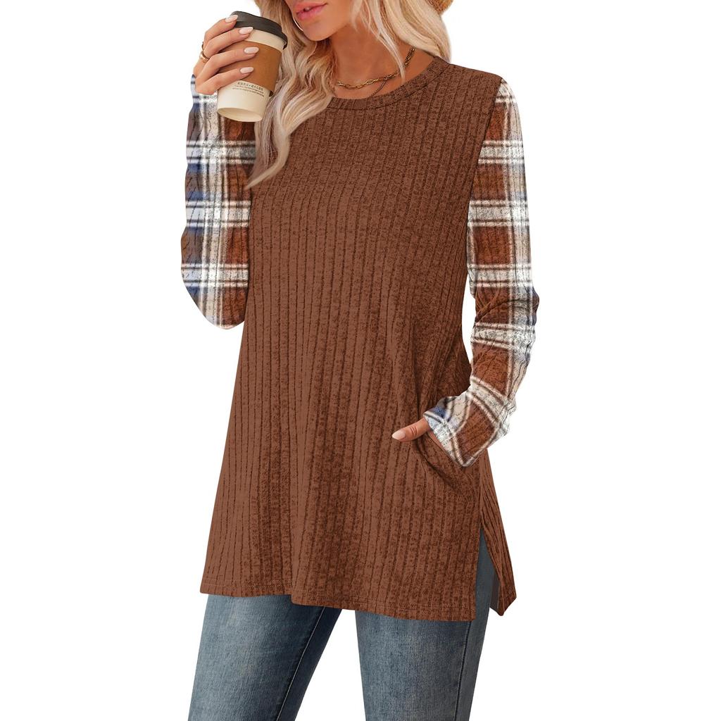 Women's Striped Printed Round-neck Long-sleeved Top With Pockets And Side Slits