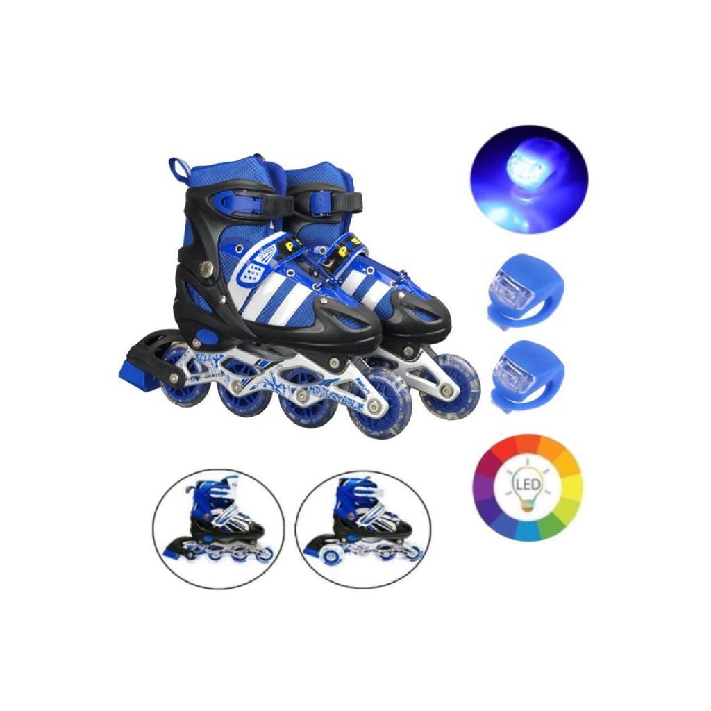 Синие светящиеся колеса, регулируемые детские упражнения для катания на коньках, 2 функции, мигающий шлем, набор наколенников