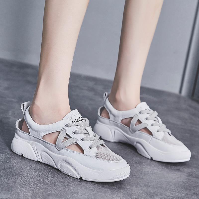 Summer Shoes Women Fashion Sneakers Genuine Leather White Shoes Flat Thick Sole Brand Breathable Mesh