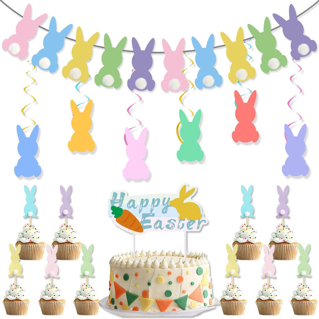 Easter Egg Rabbit Theme Party Pompom Rabbit Flag Spiral Pendant Cake Plug