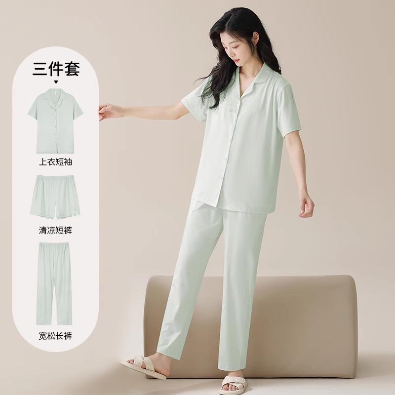 Three-piece pajamas women's summer lyocell cotton short-sleeved cardigan women's summer cool Tencel loungewear set