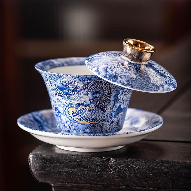 Гайвань с парящей крышкой 360° – Нефритовый фарфор, трехкомпонентная китайская чайная чашка для заваривания гунфу