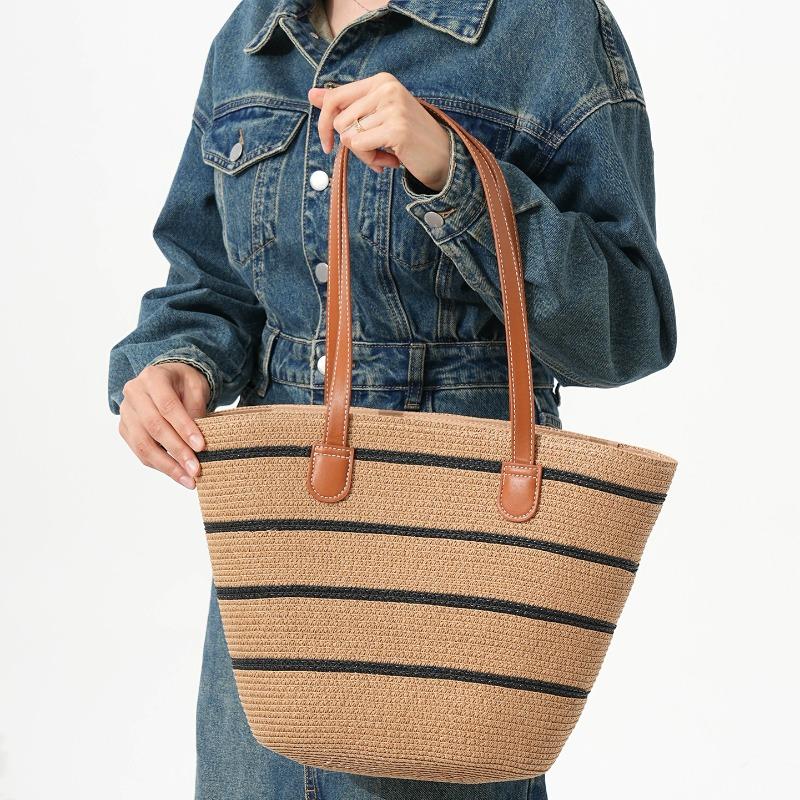 Shoulder Striped Straw Bag Woven Bag Large Capacity Portable Tote Bag Women's Beach Bag Zipper Vintage Woven