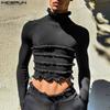Men High Neck Long Sleeve Ruffled Fitted Short Tops Undershirts