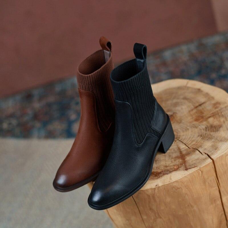 Женские ботильоны из коровьей кожи, вязаные ботинки с верхом, винтажные короткие сапоги на толстом каблуке