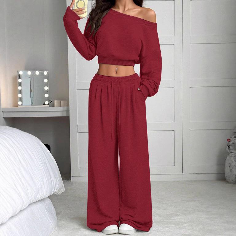 2025 Женский повседневный свитшот на одно плечо и вязаный комплект - Однотонный, Свободный крой, Варианты с коротким и длинным рукавом