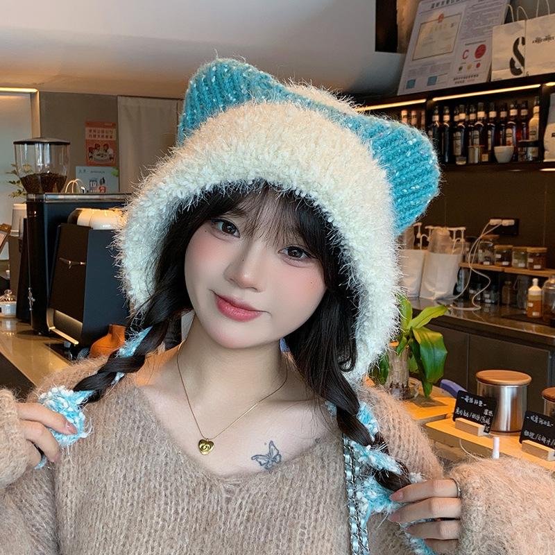 Плюшевая милая шапка с кошачьими ушками, женская зимняя теплая шапка-пуловер с защитой ушей, подчеркивающая лицо, маленькая, универсальная, модная вязаная шерстяная шапка