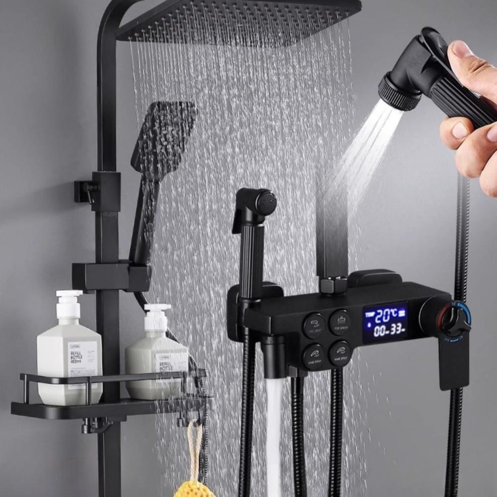 Черный цифровой дисплей Напорная душевая лейка Бытовая ванная комната Термостатический тропический душ Кнопочная душевая лейка Набор