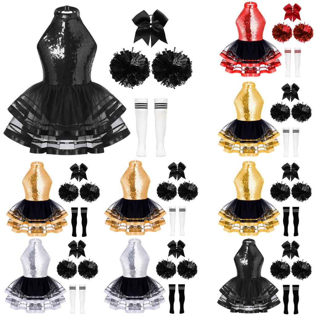 Girls Cheerleading Outfit Sleeveless Halter Sparkling Sequins Backless Tulle Tutu Dress Flower Balls Headwear Socks Set