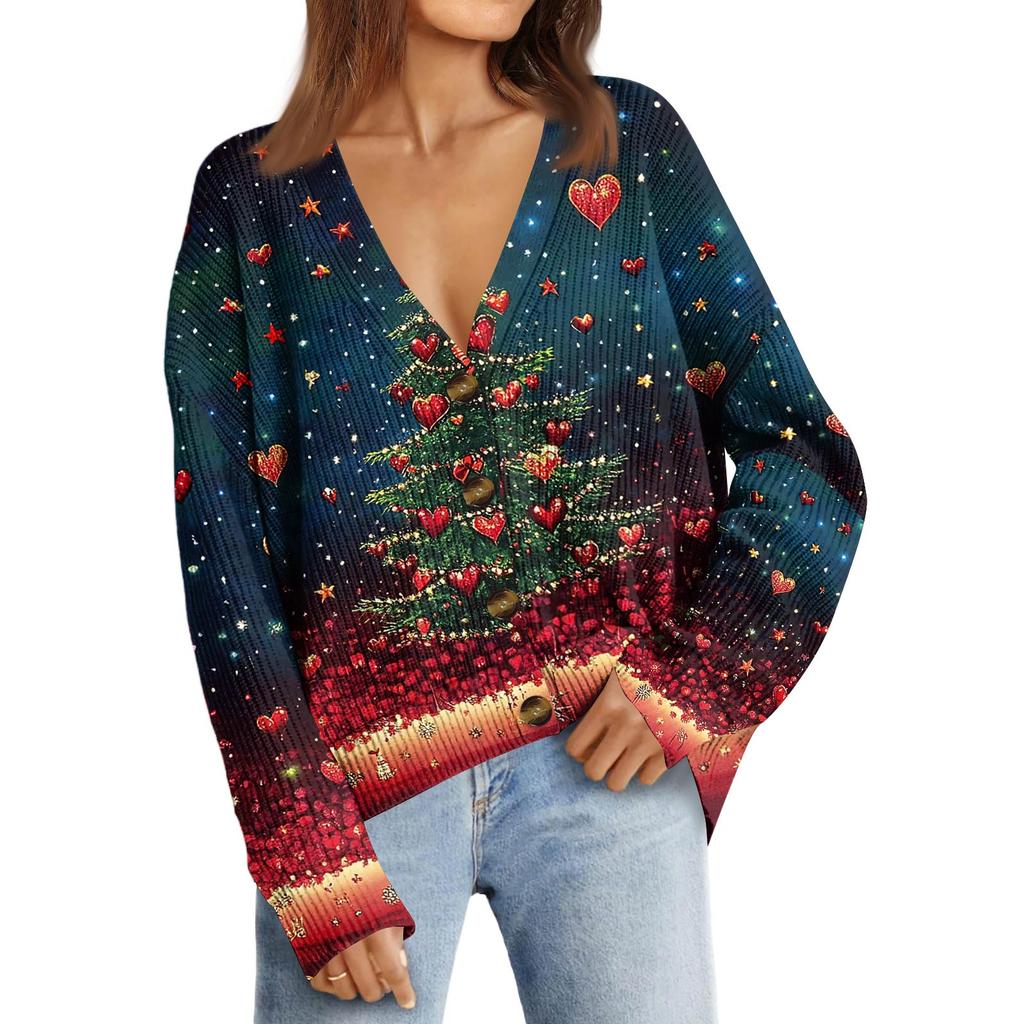Women's Fashion Long Sleeve Christmas Print V-Neck Button Loose Cardigan Top