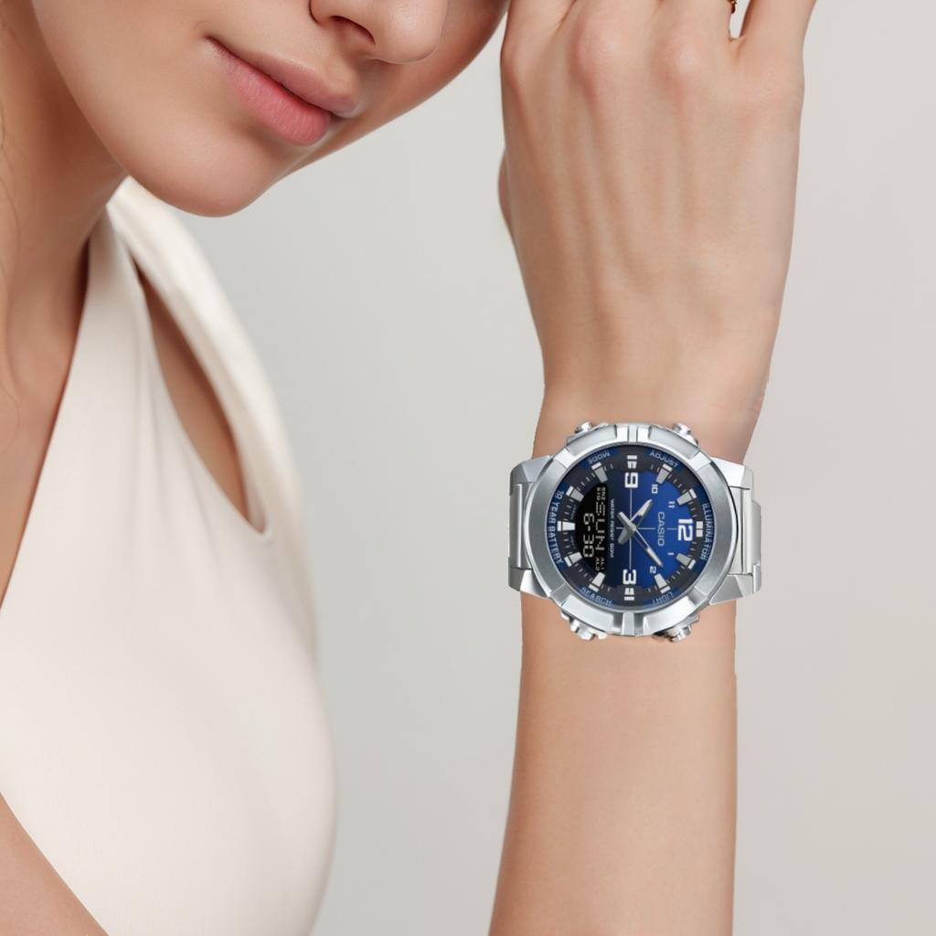 Casio Часы на стальном ремешке с кварцевым механизмом, унисекс, синий циферблат AMW-870DA-2A1V