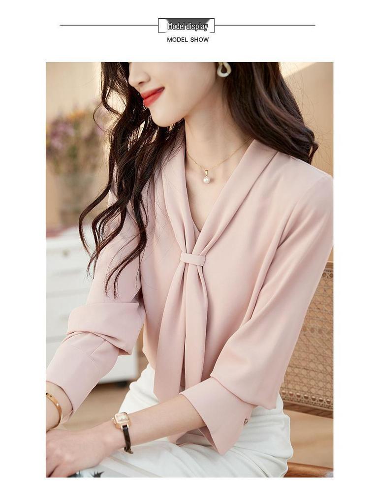 2024 High-End Women's Chiffon Ribbon Blouse - Slimming Long Sleeve, Versatile Spring/Autumn Fashion