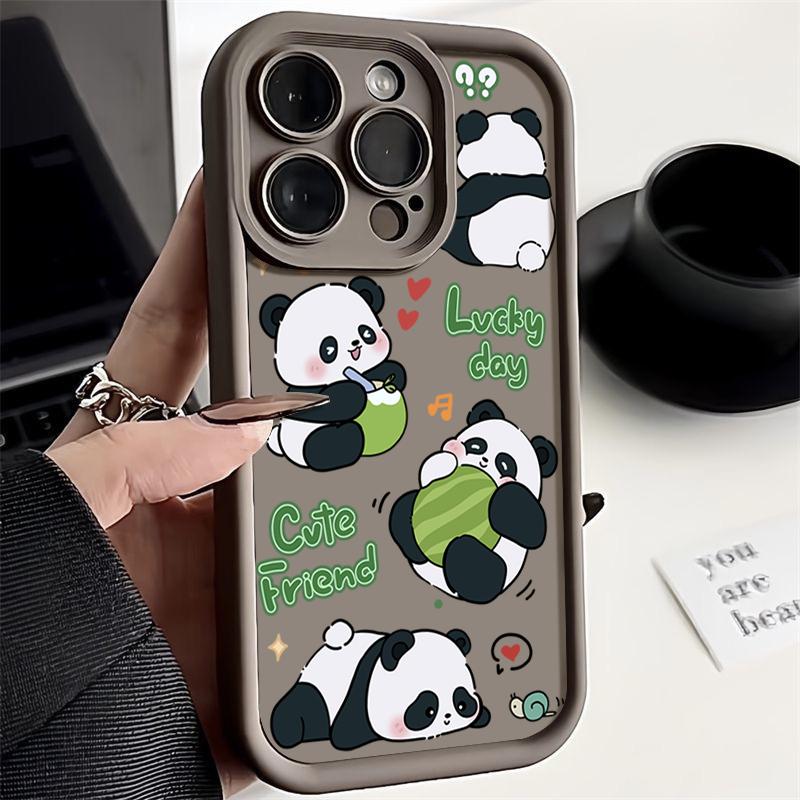 Lucky Panda Pattern Solid Color Shell для iPhone 16 Pro 15 14 Plus 13 12 Pro Max 11 Xs Xr 8 7 Ударопрочный мягкий TPU защитный чехол для объектива от падений