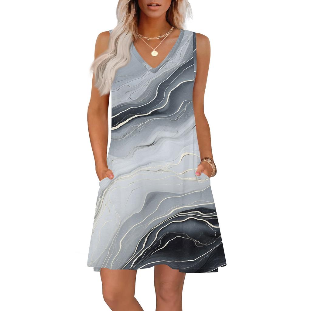 Женские летние платья свободного кроя с принтом V-образным вырезом без рукавов сарафаны пляжное гавайское платье с карманами
