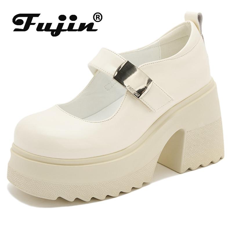 Fujin 2024 г., женские туфли-лодочки Мэри Джейн на танкетке из лакированной кожи на платформе, 10 см, на массивном каблуке, летняя модная обувь