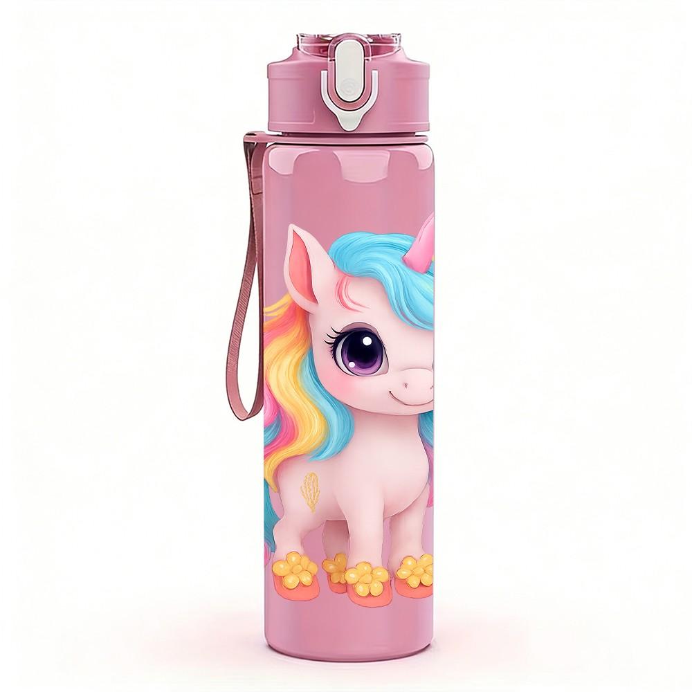 1PC Pastel Rainbow Unicorn 750ml Color Plastic Sports Water Bottle Leakproof Flip Straw Lid Suitable for Sports Office Home Use