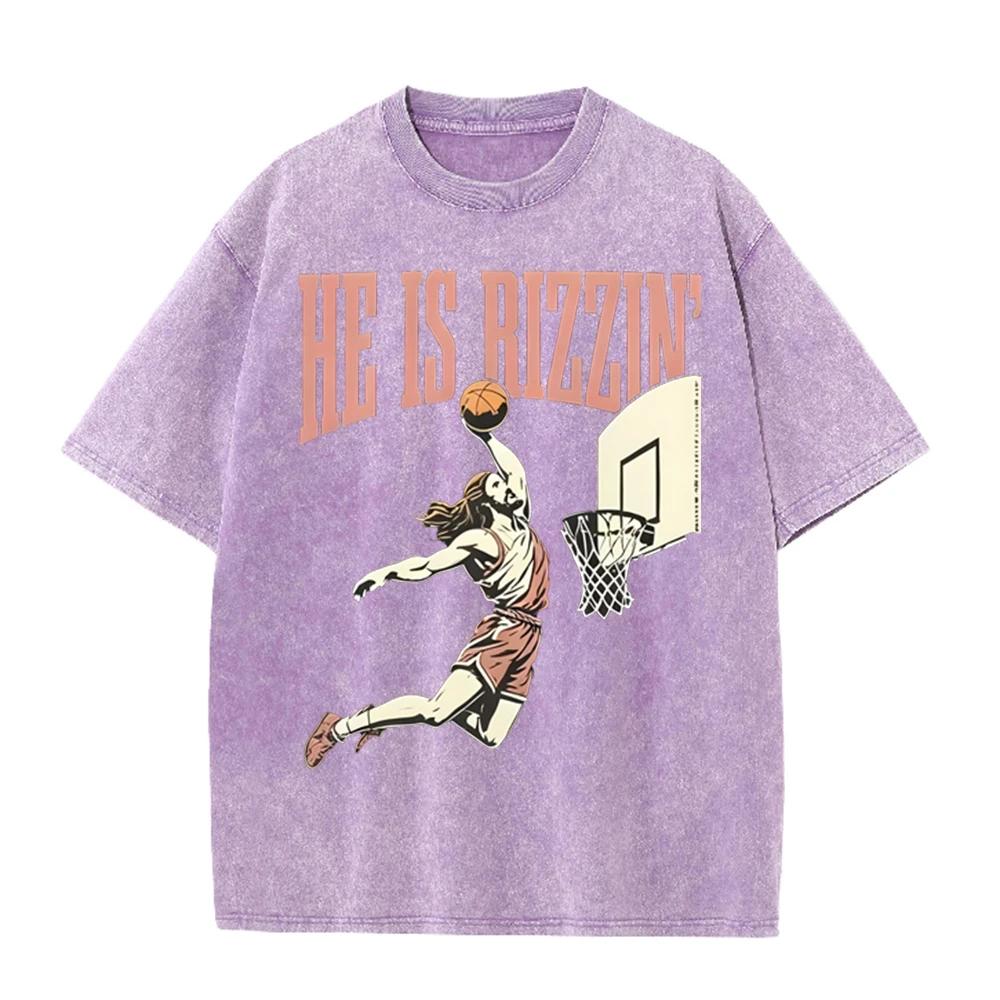 2026 He Is Rizzin Vintage Dunk Basketball Player Graphic Black Washed T Shirt Funny Sports Meme Casual Oversized Unisex Short Sl