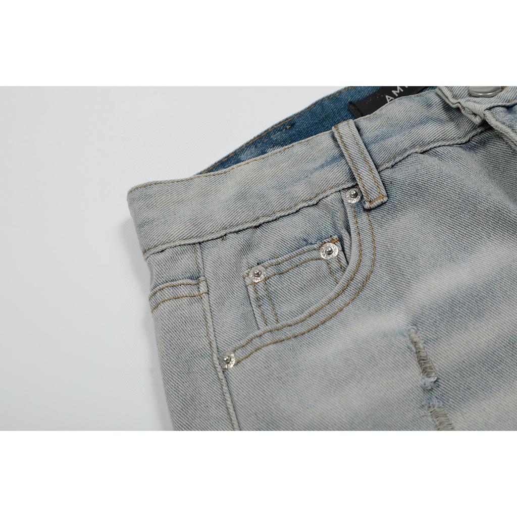 M48 Amiri Men's and Women's American Style Trendy Jeans with Fabric Patches, Holes, Embroidery, Casual and Fashionable High Street Pants