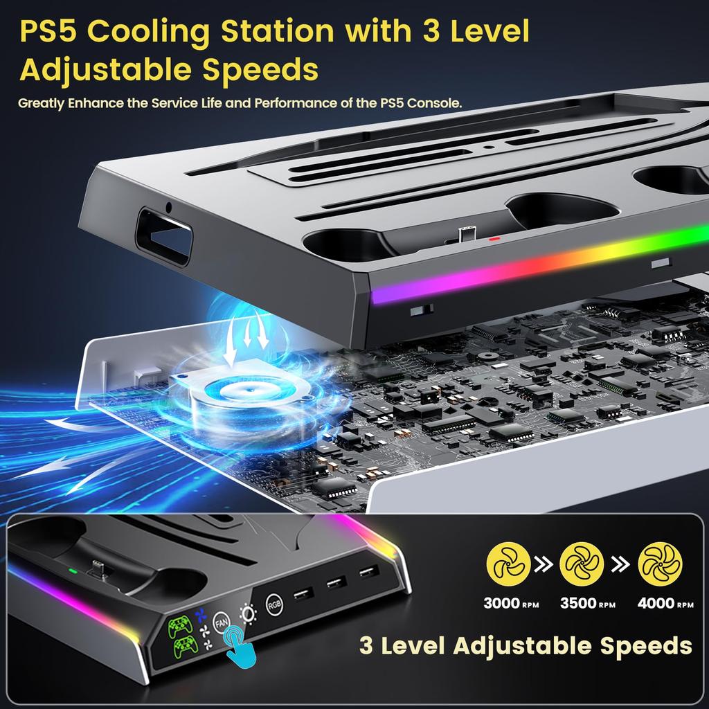 PS5 Slim PS5 Slim Vertical Cooling Stand with 3 Adjustable Air PS5 Controller 2 Controllers Simultaneously Charging Indicator Compatible with Both the