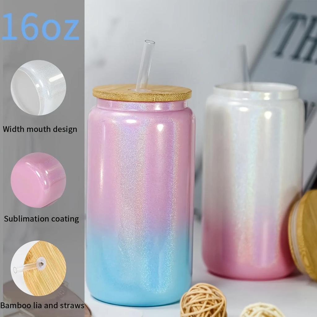 1pc 16oz Glass Tumbler Glitter Glass Jar Shimmer Beer Mug Can Shaped Drinking Glass With Bamboo Lid And Reusable Straw DIY Gifts