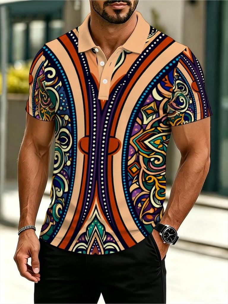 Men's Outdoor Polo Shirt, Multiple Sizes, Mixed Color Polyester, Symmetrical 2D Printed (Non - Textured) Vibrant Swirling Independence - Day - Style,