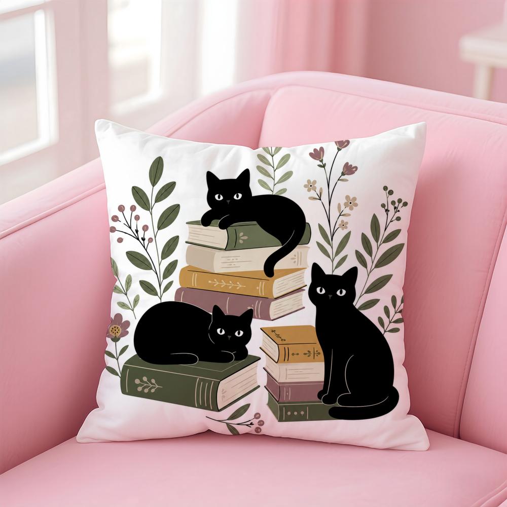 Подушка с принтом черных кошек с книгами, короткий плюш, мягкая, двусторонняя, для дивана, спальни, домашний декор, подарок