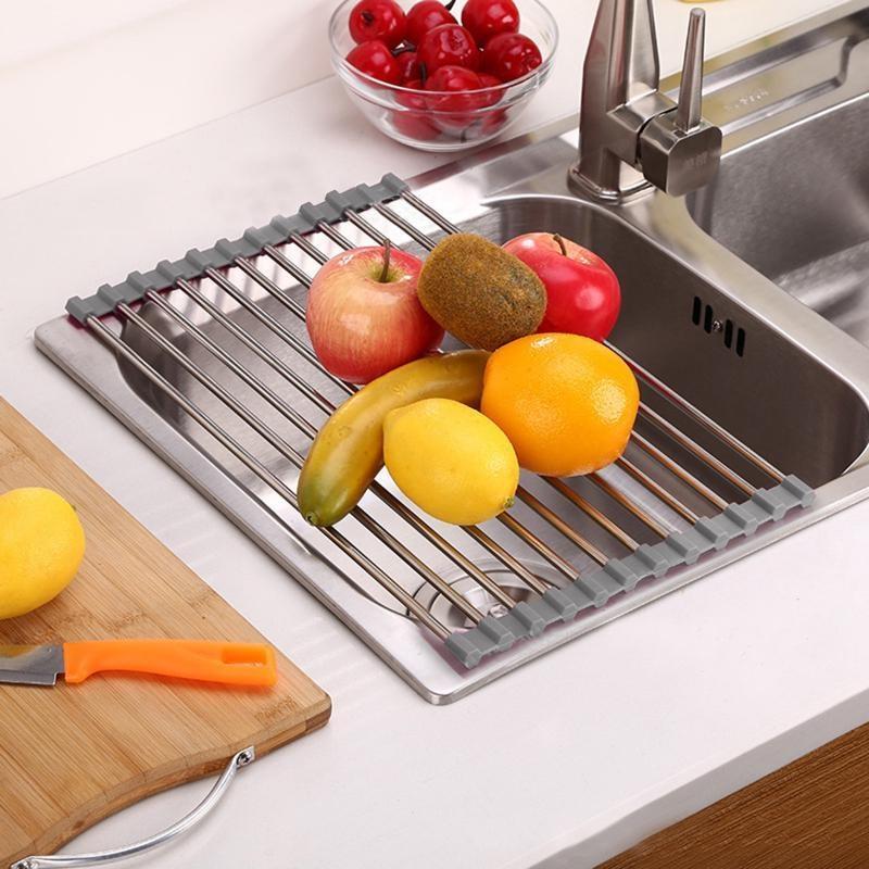 2023 Over The Sink Roll-up Dish Drying Rack Sheet Pan Bottle Food Drainer Mat Strainer Basket Sieve Drainer Cleaning Gadget 37x23cm 37x30cm