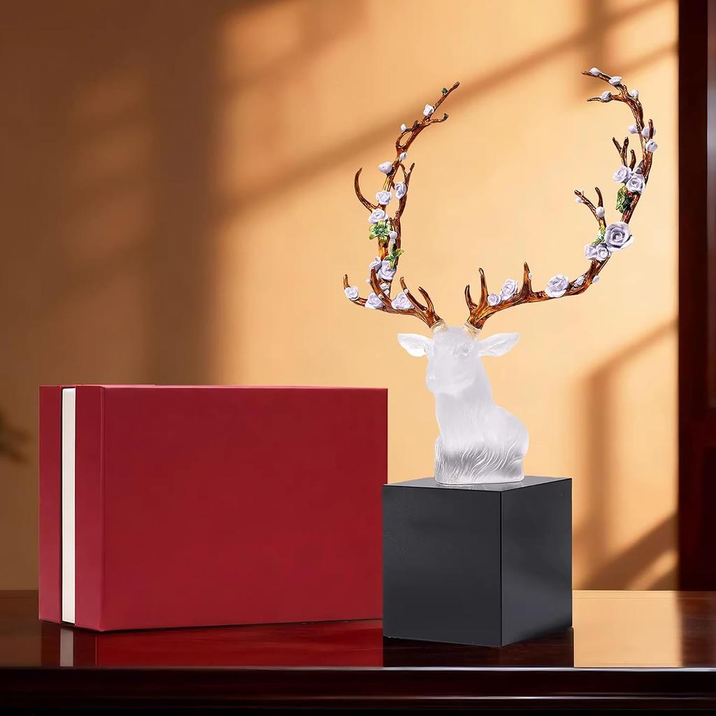 Aris & Juno Chinese Traditional Liuli (Colored Glaze) Deer Head Sculpture Handmade Enamel Artwork with Black Marble Base Home Decorative Ornament