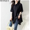 MODIQUE, летняя женская хлопково-льняная блузка больших размеров, однотонные летние пальто, поло большого размера с открытой строчкой, с коротким рукавом и короткими пуговицами