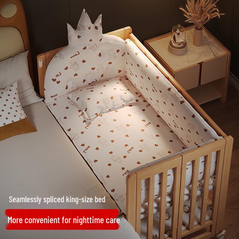 Movable Solid Wood Foldable Baby Crib, Unpainted, Multifunctional Newborn Bed