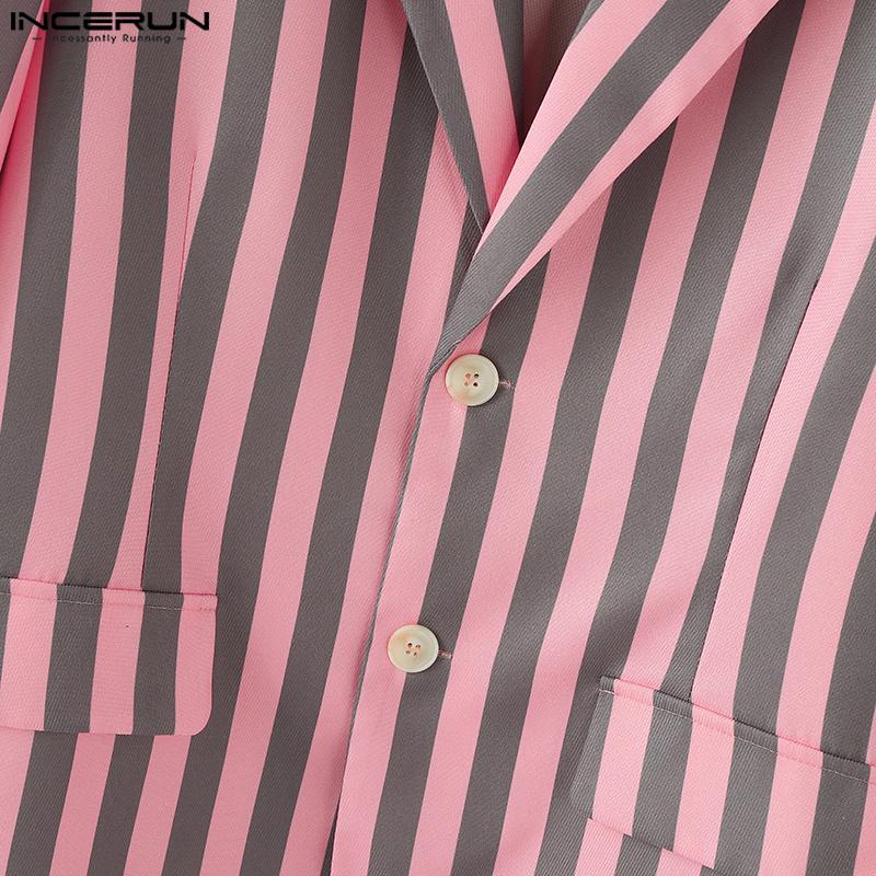 INCERUN Oversized Men Lapel Neck Long Sleeve Striped Print Casual Thin Blazer Suit Coats