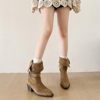 Хаки ретро ботильоны на толстом каблуке с острым носком женские 2025 новая осень универсальные для маленького роста и стройности рыцарские ботинки