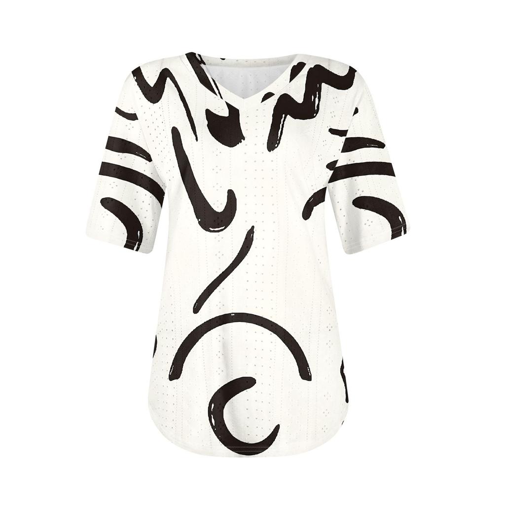 Womens T Shirts V Neck Short Sleeve Casual Tops Loose Fit Basic Tees With Curved Hem