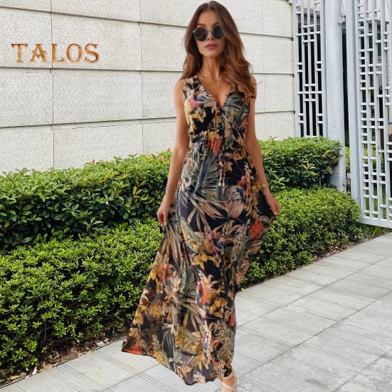 Women Vacation Dress Sleeveless V Neck Backless Floral Printing High Waist Drawstring Beach Dress Bohemian Style Maxi Dress