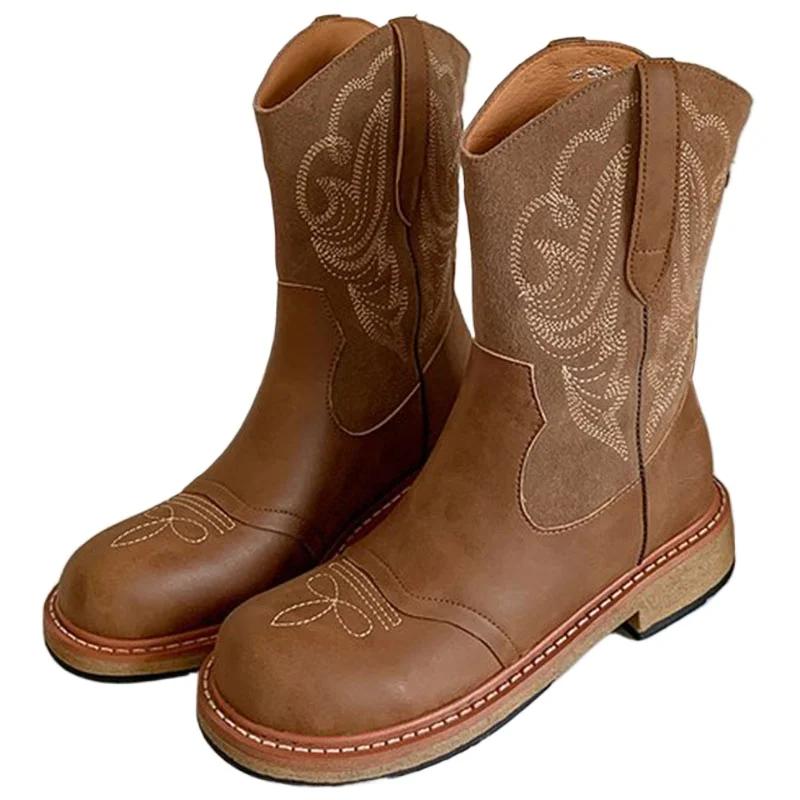 Fashion 2024 New Plus Plush Leather Western Mid Calf Boots Embroider Women Autumn Winter Ankle Boots Ladies Boots