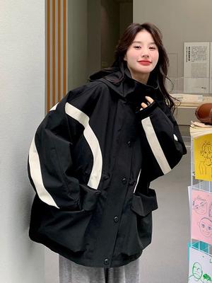 Женская куртка большого размера на весну-осень в американском стиле с капюшоном, оверсайз, свободная, повседневная, лоскутная, ветровка