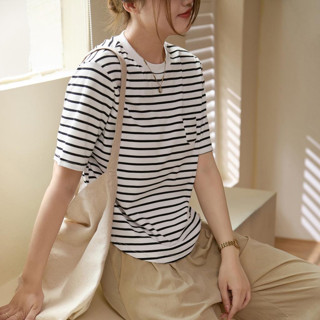 Pure Cotton Striped T-shirt for Women's Summer New Curved Loose Casual Short-sleeved Top