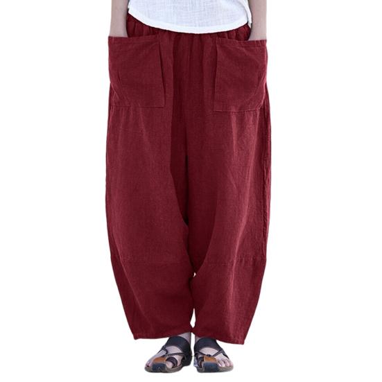 Женские брюки-шаровары, широкие однотонные длинные брюки с карманами, эластичный пояс, свободные повседневные брюки для путешествий
