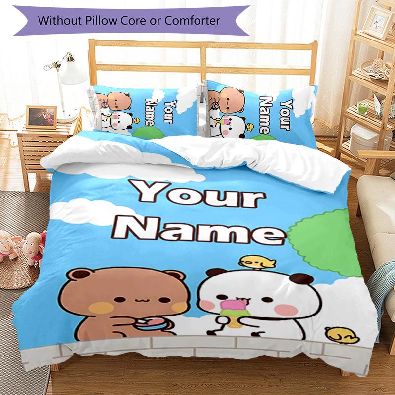 3pcs Yier BuBu Bear2 Cover Set - Personalized Name, HD Printed Bedding with 1 Cover and 2 Pillowcases - Perfect for Home Decor, Easy Care